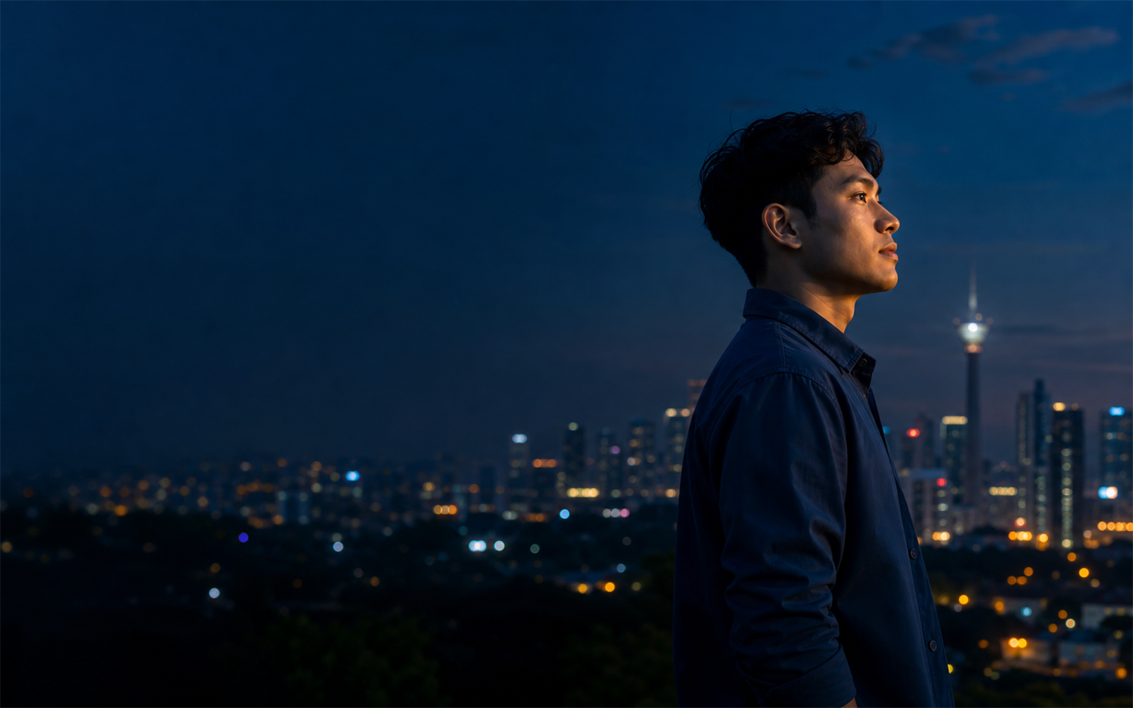 A young Malaysian looking towards the Kuala Lumpur skyline