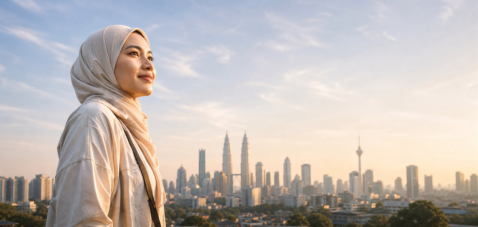 A hopeful Malaysian woman looking towards a bright city horizon